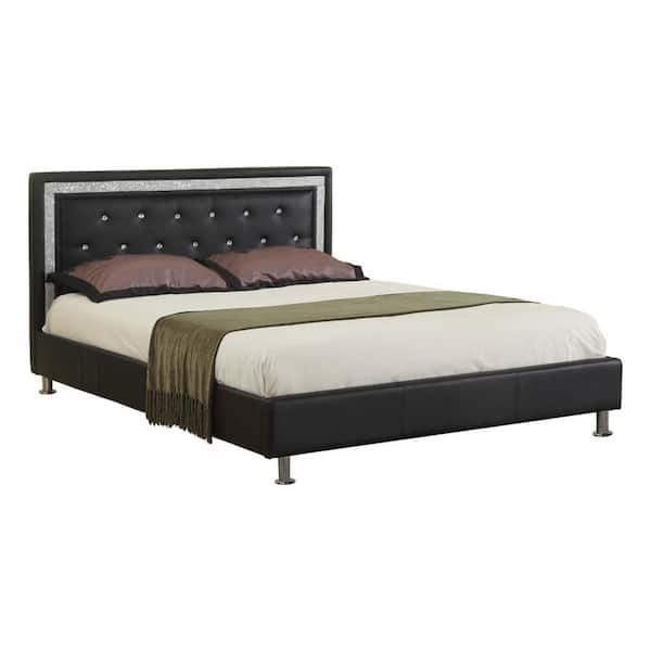 Jessie Faux Leather Black Platform Bed with Crystal-like Studs Queen
