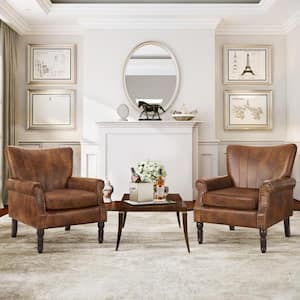 Anaya Brown Faux Leather Upholstered Wingback Accent Chair Rolled Arm Nailhead Living Room Chair Set of 2