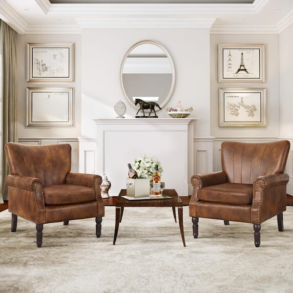 cozyman Anaya Brown Faux Leather Upholstered Wingback Accent Chair Rolled Arm Nailhead Living Room Chair Set of 2