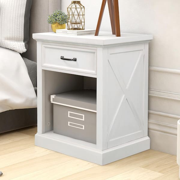 URTR 1-Drawer White Nightstand with 1-Open Storage, Wood Bedside End Side Table for Bedroom 22 in. L x 15.9 in. W x 26 in. H