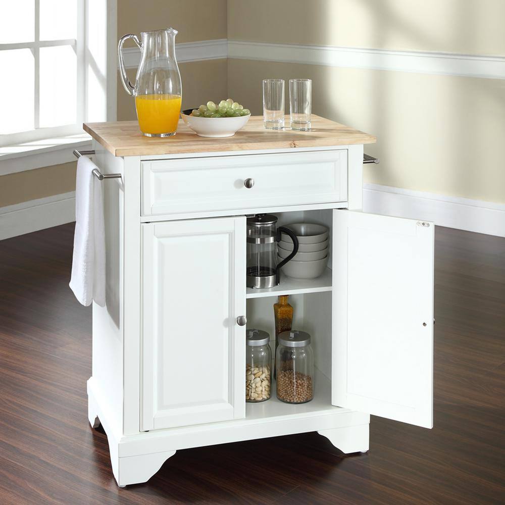 White and Natural Wood Top Kitchen Island Cart with Nickel Hardware
