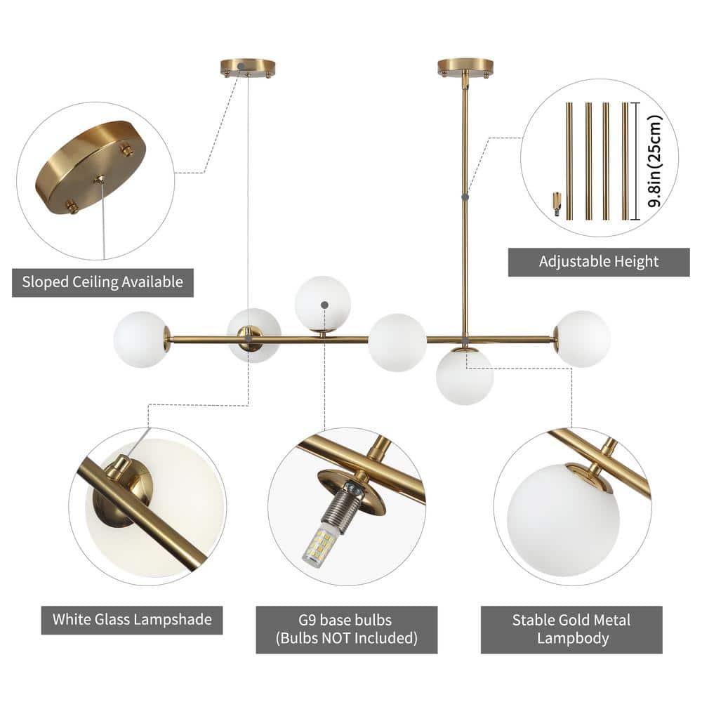 Modern Brass Linear Sputnik Chandelier with Milk Glass Shades
