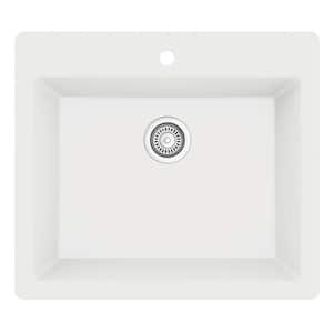White Quartz 25 in. Single Bowl Drop-In Kitchen Sink with Bottom Grid and Strainer