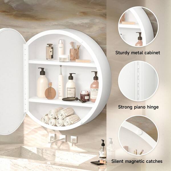 KeonJinn 20 in. W x 20 in. H Round White Metal Framed Recessed/Surface Mount Medicine Cabinet with Mirror