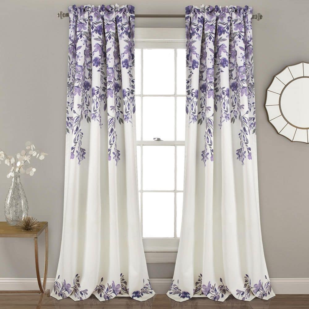 Tanisha Purple and Gray Floral Polyester Blackout Curtain Panels
