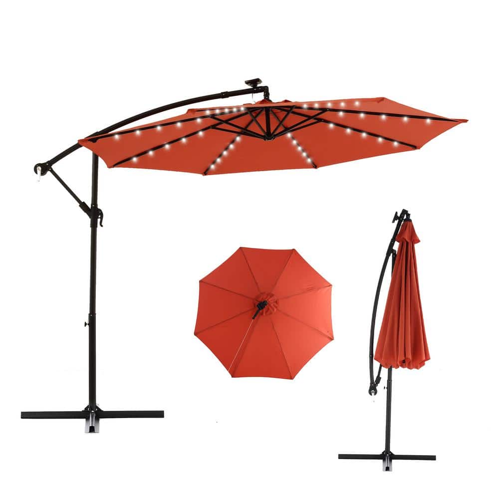HOMEFUN 10 ft. Solar LED Patio Outdoor Umbrella Hanging Cantilever Umbrella with Adustmentable