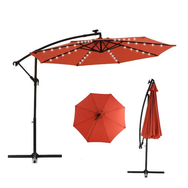 HOMEFUN 10 ft. Solar LED Patio Outdoor Umbrella Hanging Cantilever Umbrella with Adustmentable 40 Lights in Orange