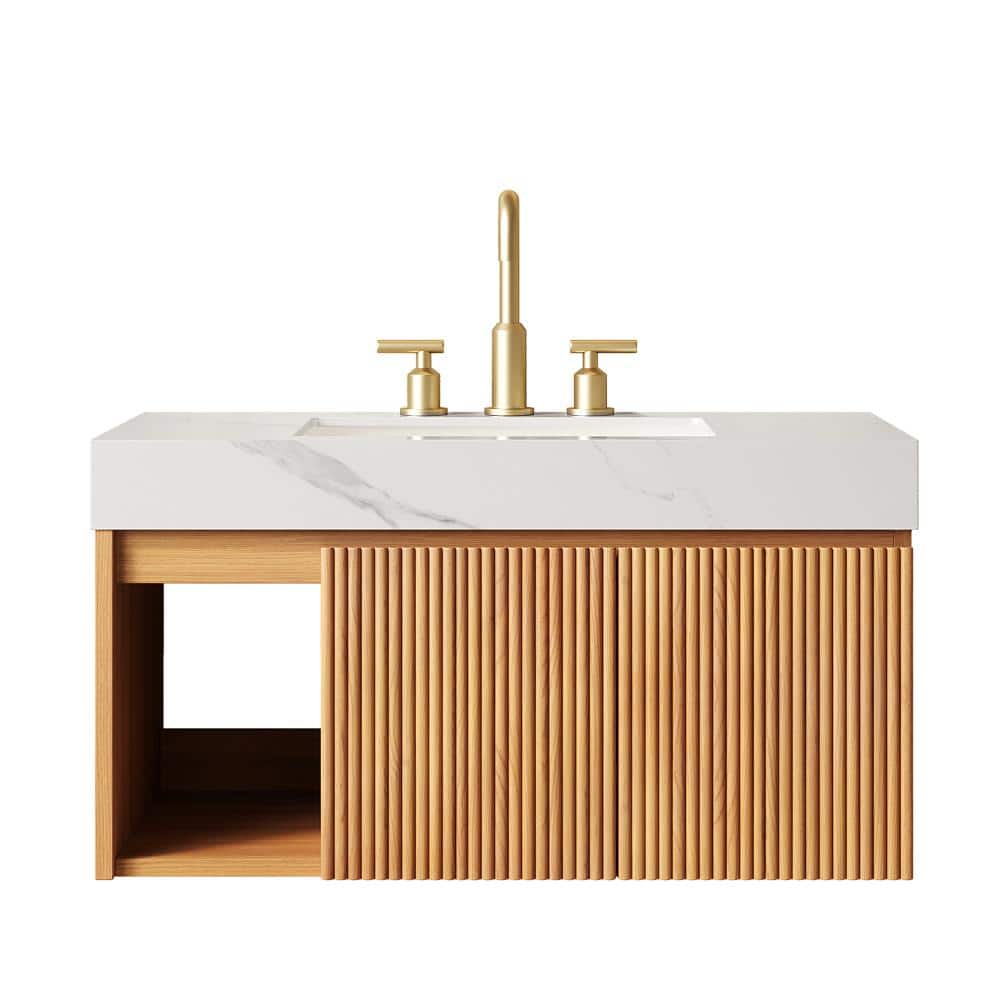 36 in. W Natural Wood Floating Bathroom Vanity with Carrara White Sintered Stone Top and Ceramic Sink price history on PriceWatchPro