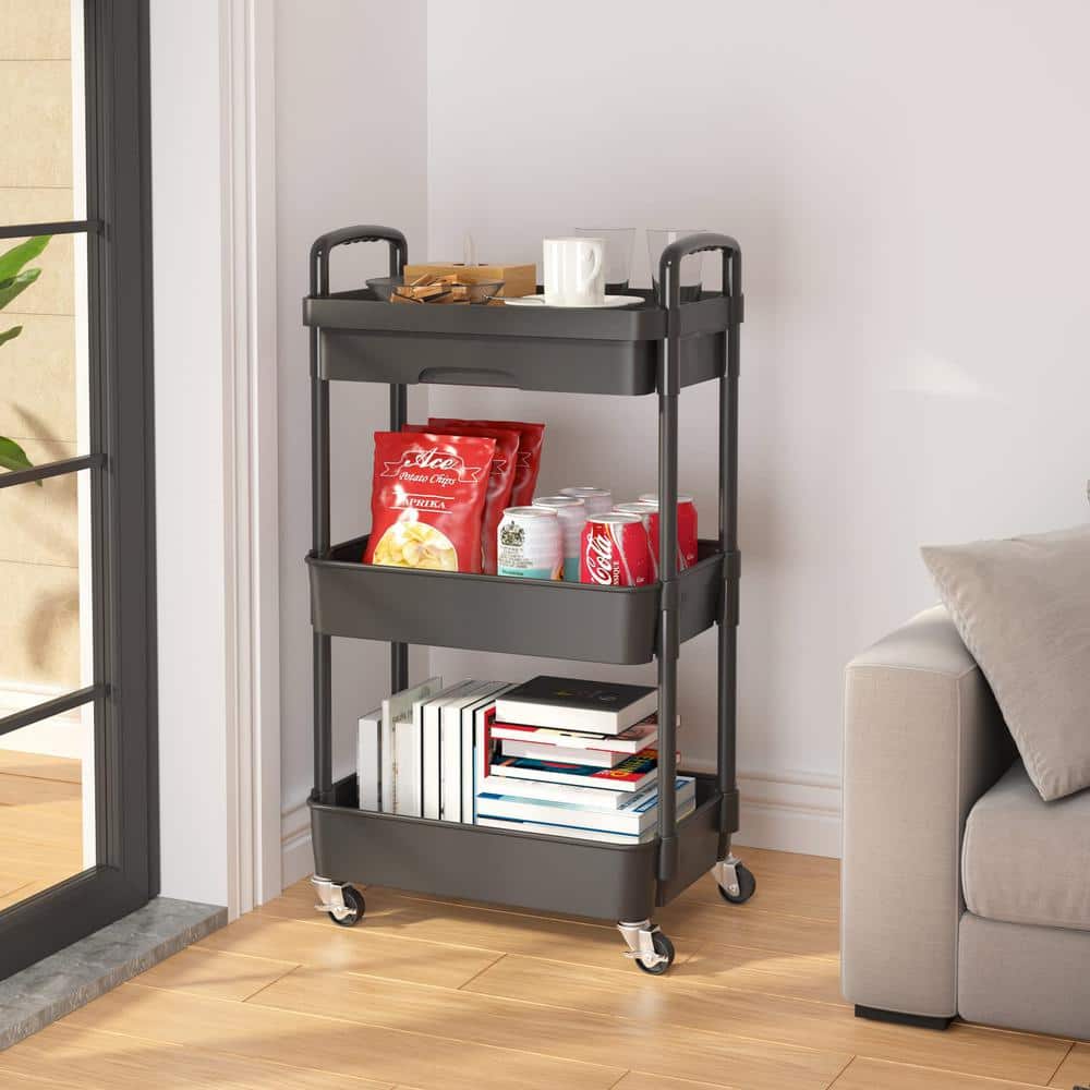 Black Metal 3-Tier Rolling Utility Storage Cart with Wheels