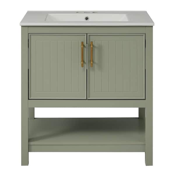 EPOWP 30 in. W x 18.3 in. D x 33.8 in. H Single Sink Freestanding Bath Vanity in Green with White Ceramic Top and Storage