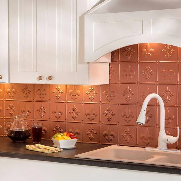 Fasade 18.25 in. x 24.25 in. Argent Copper Fleur de Lis PVC Decorative Tile Backsplash