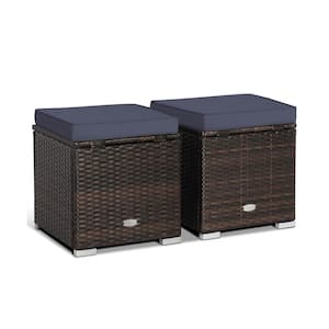 2-Pieces Brown Wicker Outdoor Ottoman with Navy Cushion