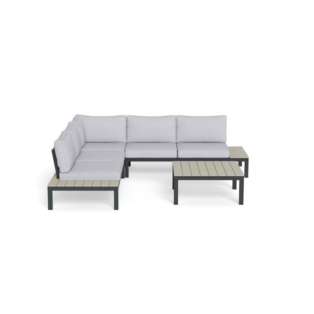 Light Gray Aluminum 5-Person Outdoor Sectional Set with Poly-Lumber Table