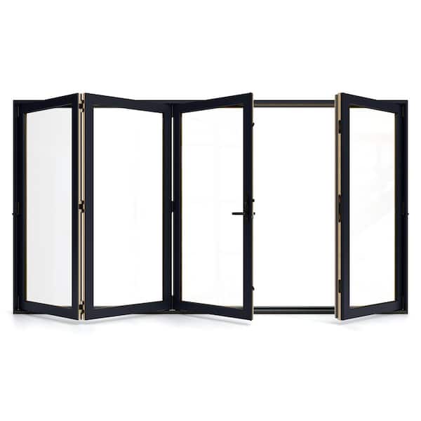 W5500 124 in. x 80 in. Black Right Hand/Outswing Aluminum Clad Wood 4-Panel Prehung Folding Patio Door