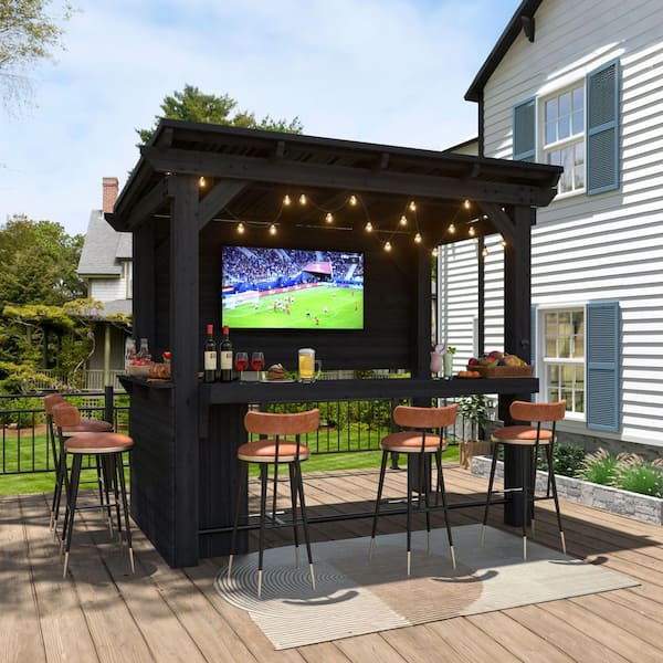 8.5 ft. x 6 ft. Cedar Outdoor Gazebo Pergola Bar with Double-Sides Metal Sloped Roof and Ample Storage Cabinet, Black