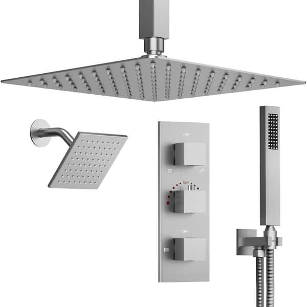 ZenithRain 5-Spray Square High Pressure with Dual Rainfall Showerheads Thermostatic Valve Included in Brushed Nickel