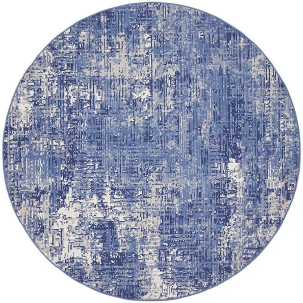 8 ft. Round Blue Abstract Washable Area Rug