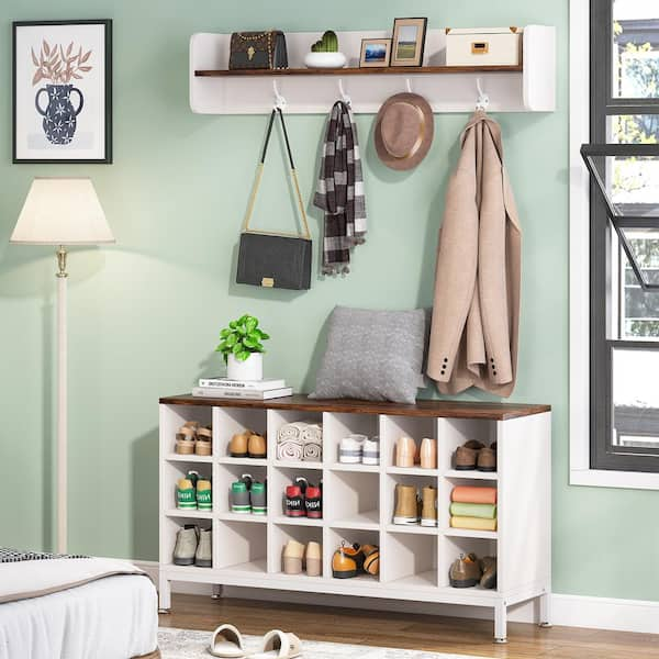 Carmalita Black and Gray Hall Tree with Shoe Cubby and Coat Rack, Shoe