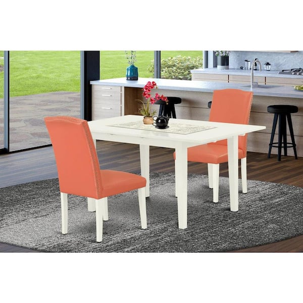 East West Furniture 3-Piece Linen White Finish Rectangular Solid Wood Top With Butterfly Leaf Dining Table Set