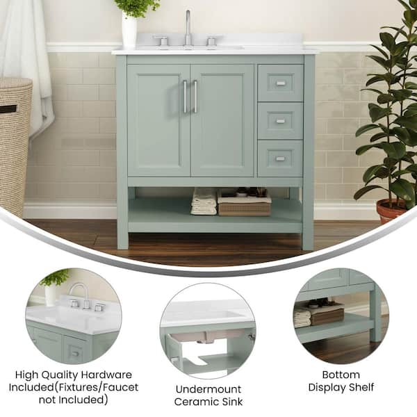 Vega 36 in. Sage Green Bathroom Vanity w/ Sink, Storage Cabinet, Open Shelf, White Carrara Marble Stone Countertop