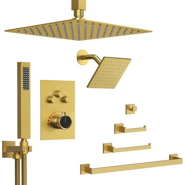 GRANDJOY Multiplepress Single Handle 7-Spray Tub and Shower Faucet 2.5 GPM with Towel Rack Set in Brushed Gold Valve Included