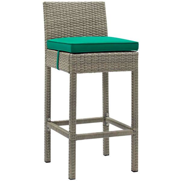 MODWAY Conduit Light Gray Stackable Wicker Rattan Outdoor Bar Stool with Green Cushion