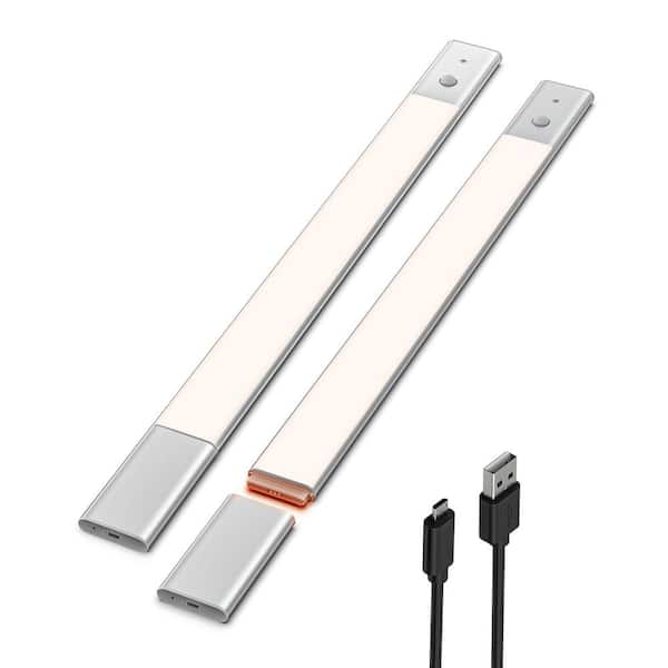 19.7 in. 2-Pack Battery Operated Wireless USB Charging White Integrated LED Linkable Under Cabinet Light, Closet Light