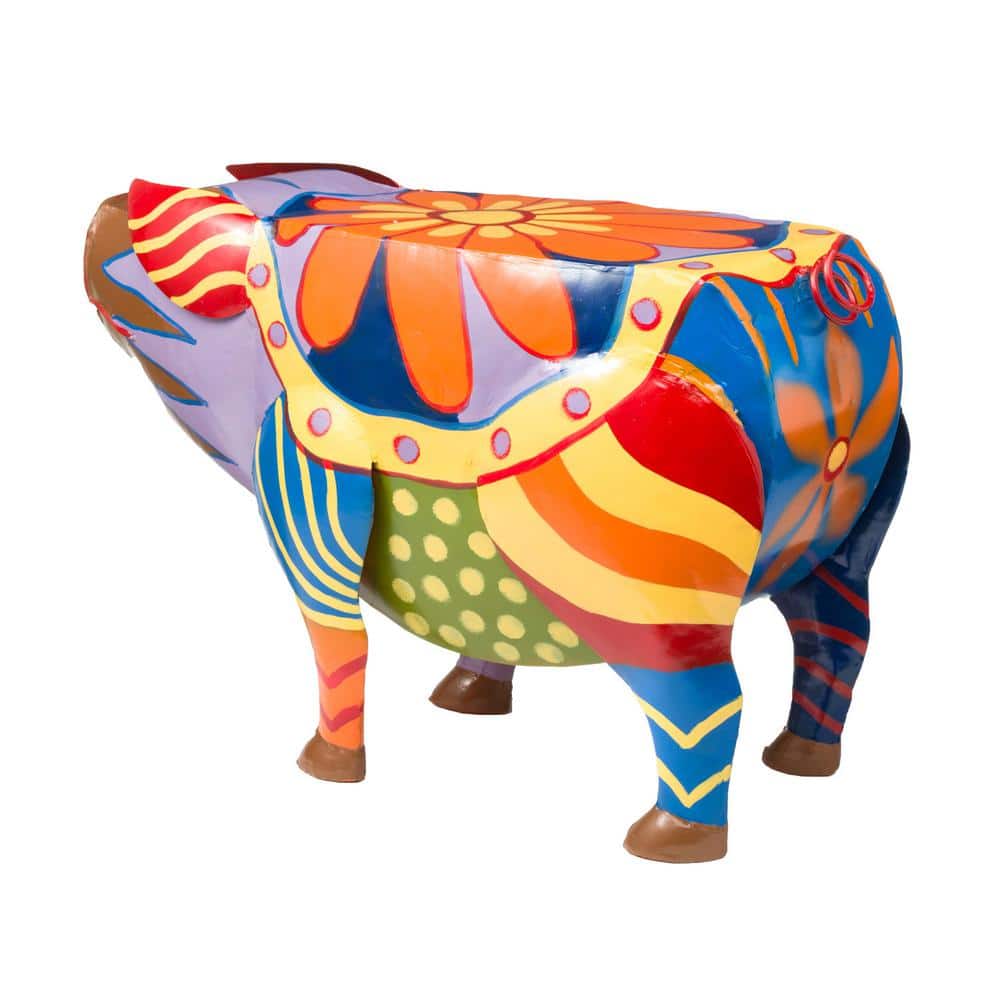 Colorful Folk Art Pig Metal Outdoor Side Table