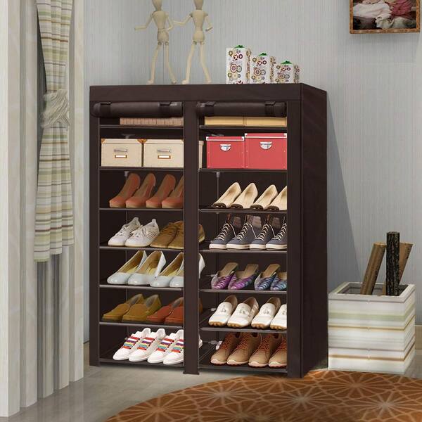 HONEY JOY 43.5 in. H 14-Pair 7-Tier Brown Wood Double Rows Shoe