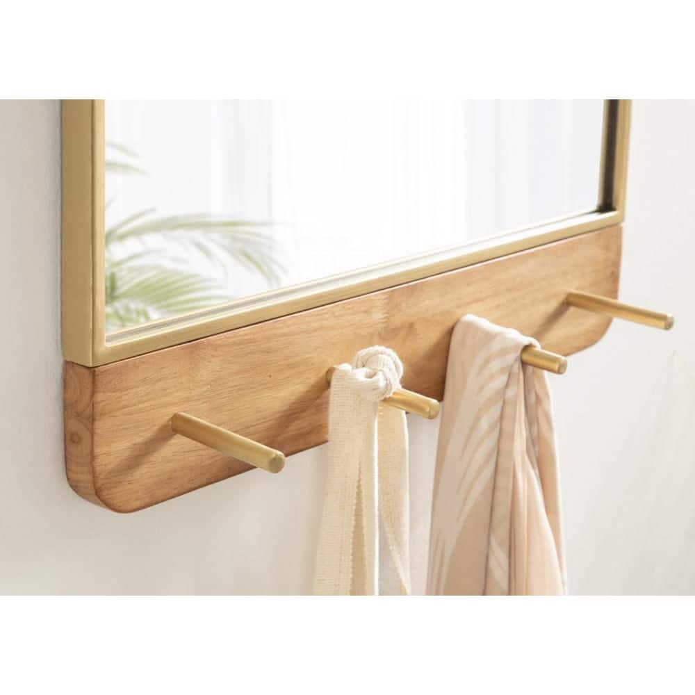 Schuyler Arched 20x31 Natural Wood & Gold Wall Mirror with Hooks