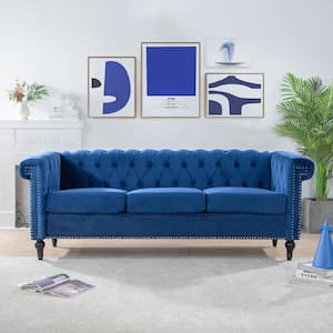 83.5 in. W Flared Arm Fabric Straight Sofa in Blue With Nailhead