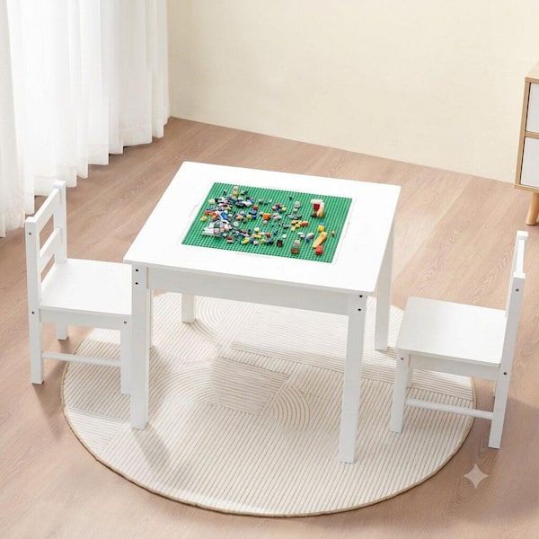 Alvexis 3-Piece Wood Kids Activity Table and Chair Set with Double-Sided Block Table Top and Storage Bins, White Finish