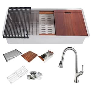 Brushed Stainless Steel 42 in. Single Bowl Undermount Workstation Kitchen Sink with Faucet