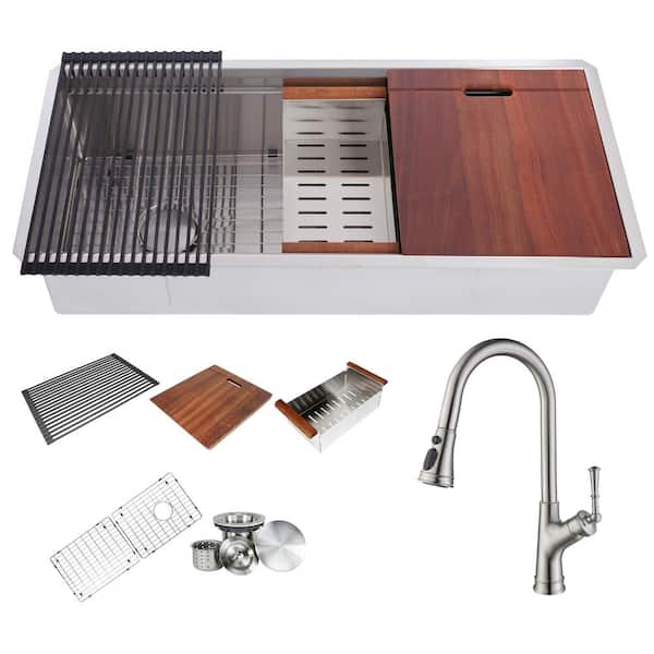 eModernDecor Brushed Stainless Steel 42 in. Single Bowl Undermount Workstation Kitchen Sink with Faucet