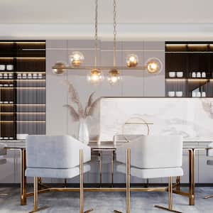 Modern Gold Dining Room Chandelier, 32 in. 6-Light Sputnik Island Linear Chandelier with Globe Glass Shades