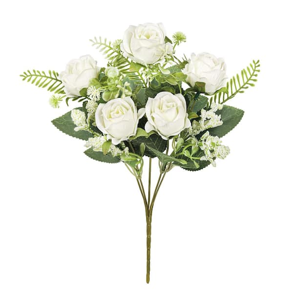 12 in. Petite Cream White Artificial Rose Flower Stem Bush Bouquet (Set of 6)