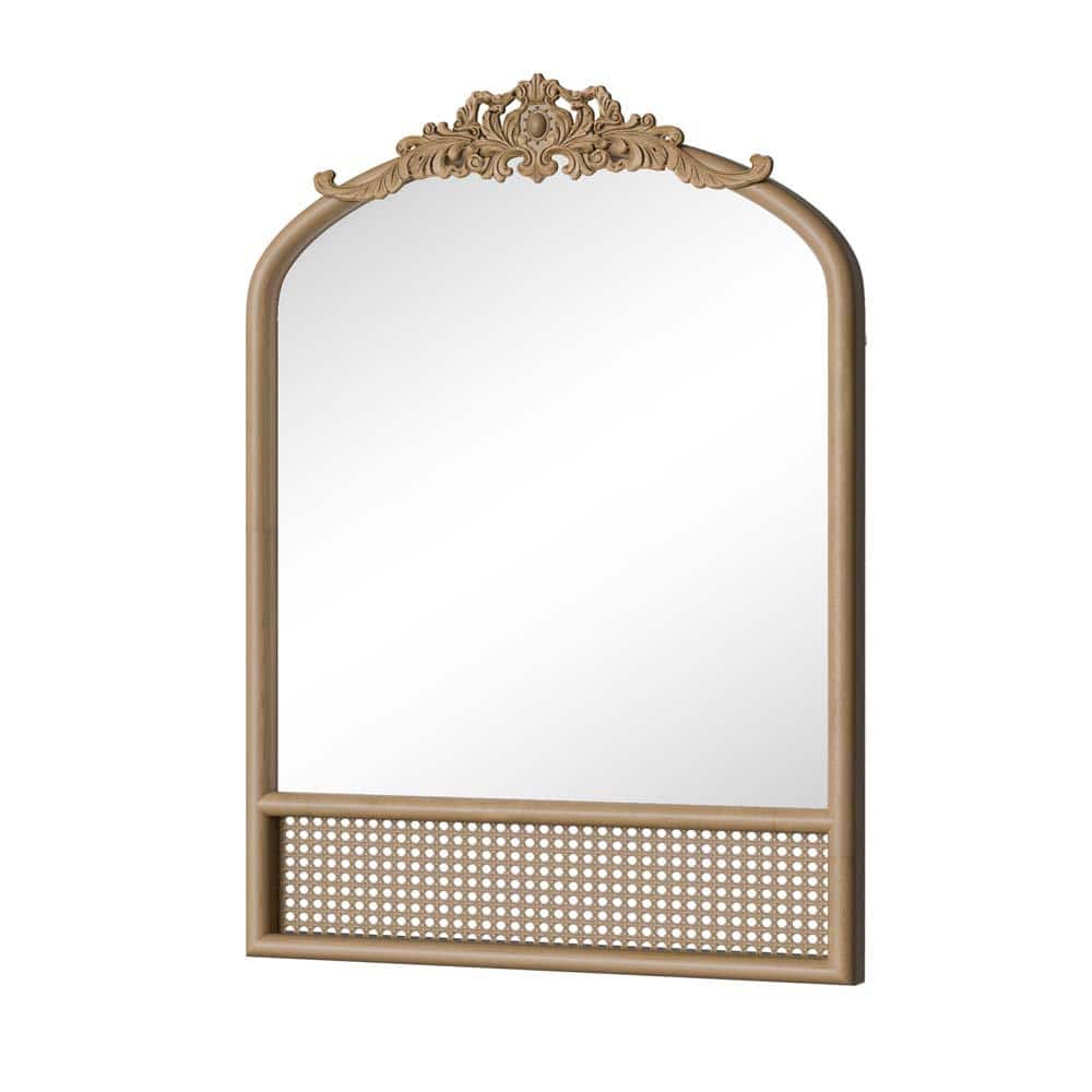 Brown 24 in. W x 36 in. H Wooden Carved Rattan Right-Angled Micro-Arch Mirr
