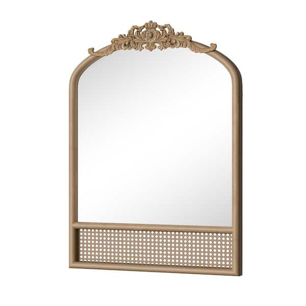 Unbranded Brown 24 in. W x 36 in. H Wooden Carved Rattan Right-Angled Micro-Arch Mirror Wall Mirror for Living Room