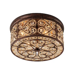 Iridescent 13.8 in. W 4-Light Antique Copper Glam Flush Mount Ceiling Light with Beaded Crystal Drum Shade