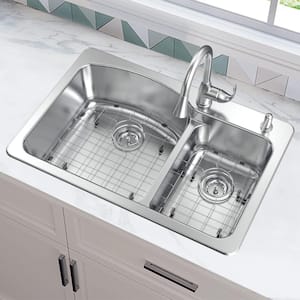 All in-One 33 in. Drop-in/Undermount Double Bowl 18 Gauge Stainless Steel 2-Hole Kitchen Sink with Pull-Down Faucet