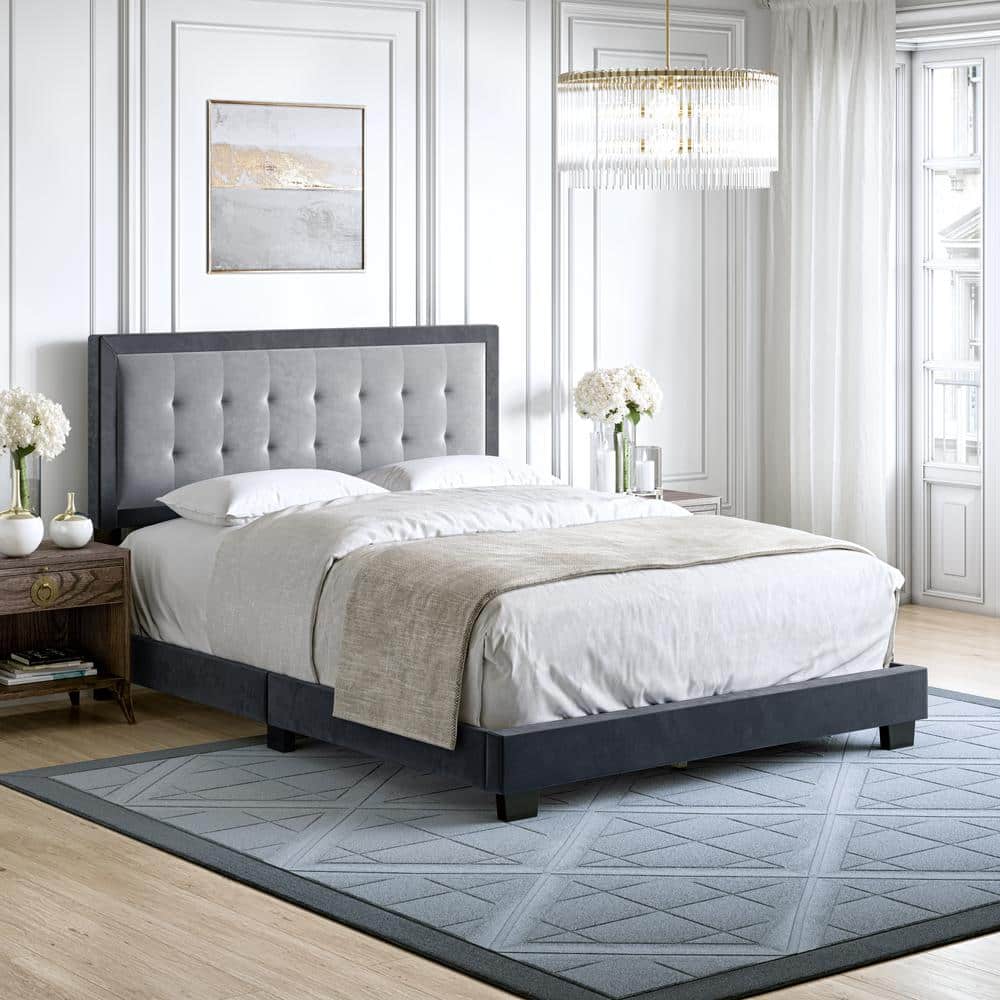 Gray Velvet Tufted Upholstered Queen Platform Bed Frame