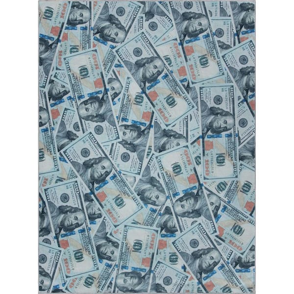 Money Dollar Front Novelty Printed Green Blue 9 ft. 10 in. x 13 ft. Area Rug