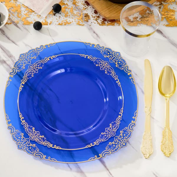 350 Piece Disposable Blue and Gold Plates Dinnerware Set of Plates for Party w/ Plates Cups Forks Knives Spoons Napkins