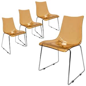 Lima Mid-Century Modern Acrylic Lightweight Kitchen, Dining Side Chair Set of 4 in Amber