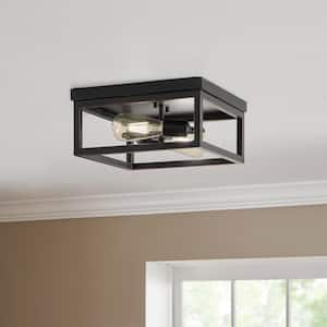 Boswell Quarter 12-1/2 in. 2-Light Black Industrial Open Cage Flush Mount Ceiling Light with Bulbs Included