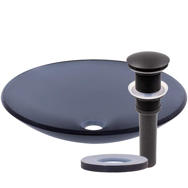 Coetaneous 18 in. Shallow Round Vessel Bathroom Sink in Slate Gray Clear Glass with Drain in Oil Rubbed Bronze