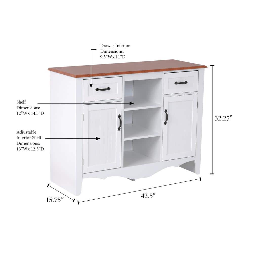 White and Pine Countryside Buffet with Drawers and Doors