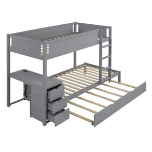 Gray Twin-Over-Twin Bunk Bed with Twin Size Trundle, Storage and Desk