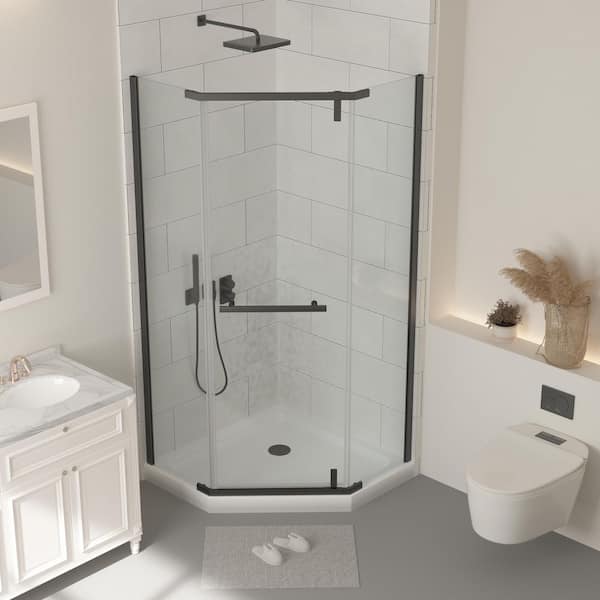 Vitrina 34.75 in. W x 72 in. H Pivot Frameless Shower Door in Matte Black with Tempered Glass