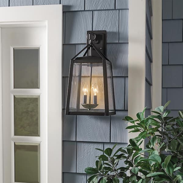 Home Decorators Collection Blakeley 19.25 in. Transitional 2-Light Black Outdoor Wall Light Fixture Sconce with Clear Beveled Glass